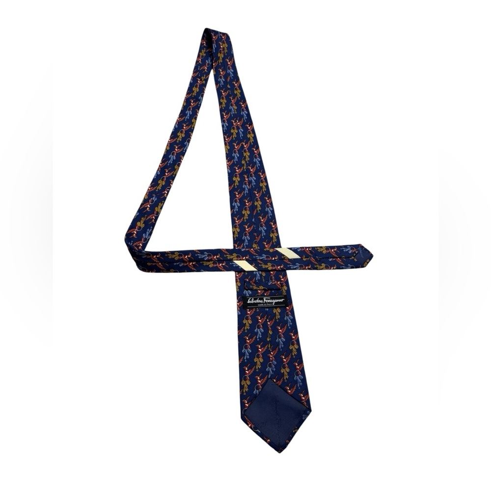 🕊️ Salvatore Ferragamo Silk Tie 🪶 Navy Blue Bird Print Luxury Designer Necktie - Picture 2 of 4